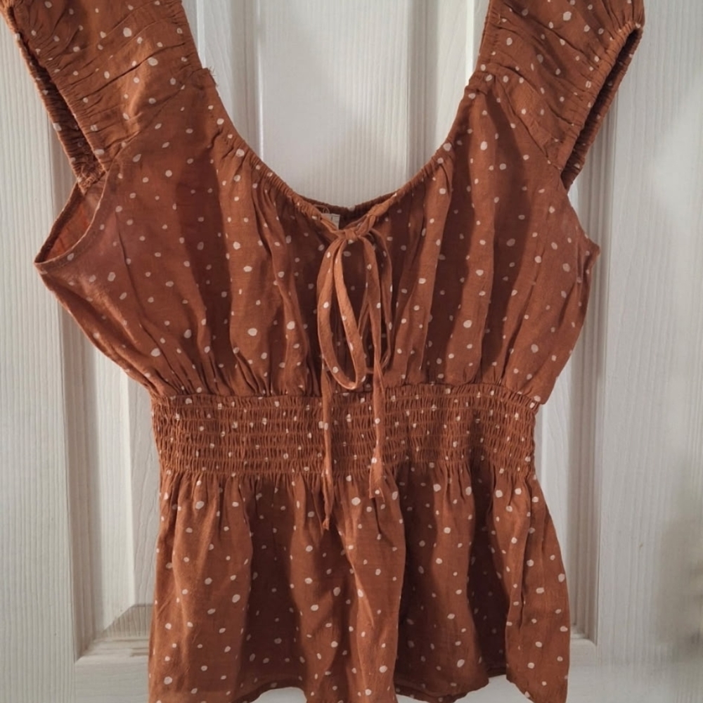 Brown Smocked Peplum Blouse with Tie Front